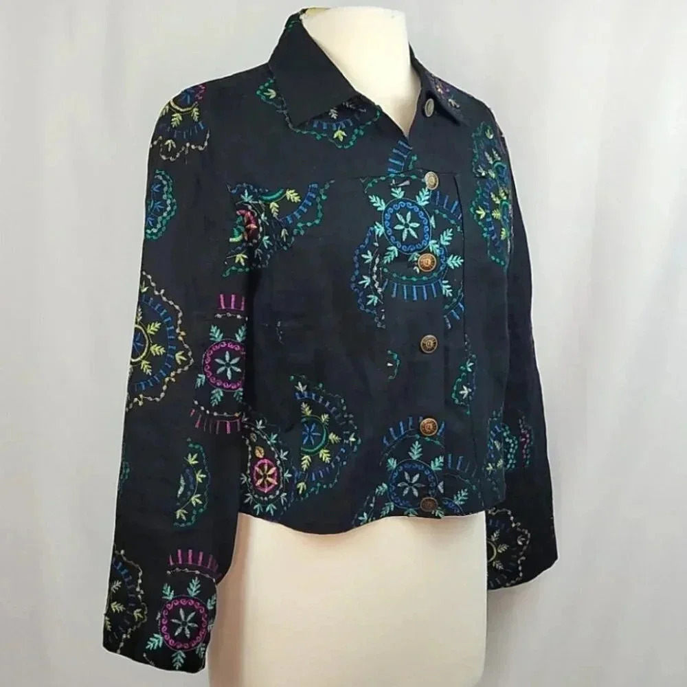 Carole Little Petite Embroidered Linen Jacket Black Size PM